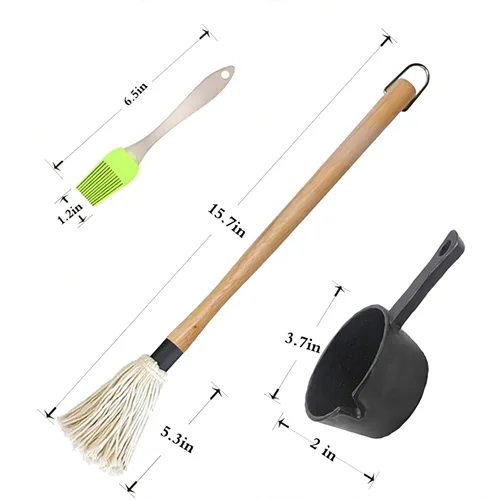 Miniatura 6 de Juego de cepillo para mopa y olla de hierro fundido, paquete 11 en 1 incluye 2 piezas de mango largo de madera, 6 cabezales de cepillo, 1 sartén