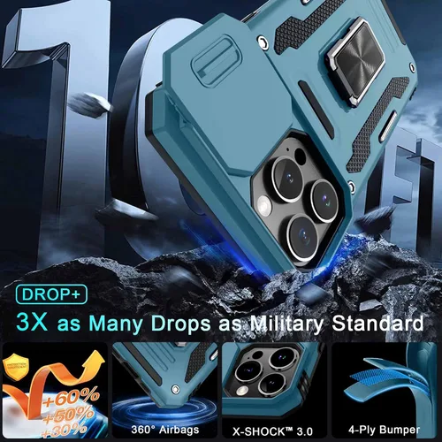 Miniatura 388 de DEERLAMN Funda para iPhone Xs Max con funda deslizante para cámara + protector de pantalla, soporte giratorio de anillo de grado militar a prueba