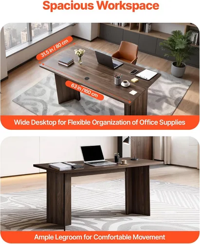 Miniatura 4 de VEVOR Escritorio ejecutivo de 63 pulgadas, mesa de oficina rectangular grande y moderna, mesa ejecutiva de madera resistente con orificio de Nogal