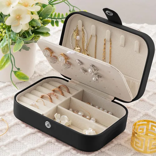Miniatura 6 de Oyydecor Joyero portátil pequeño de 2 capas organizador de joyas de viaje de piel sintética para anillos collares aretes pulseras regalo de San