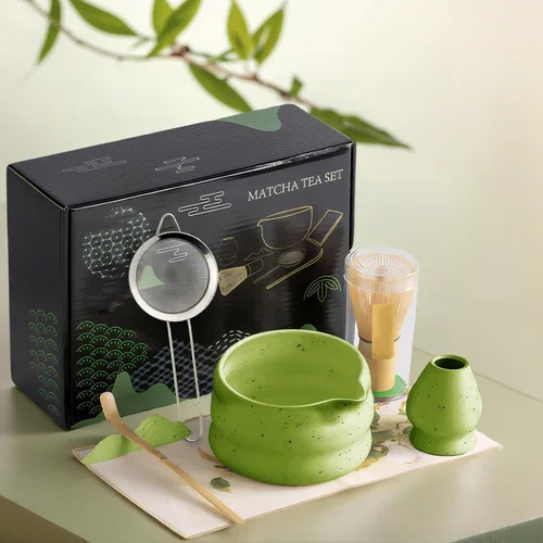 cjc Juego de 7 piezas de batidores, juego de batidor de matcha, cuenco de cerámica con boquilla, batidor de bambú, ceremonia japonesa, regalo de
