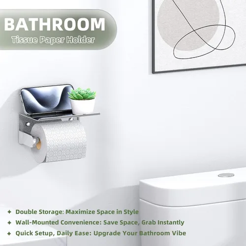 Miniatura 3 de APLusee Soporte de papel higiénico con estante para teléfono, cromo pulido, accesorios de baño de acero inoxidable SUS 304, dispensador de rollos