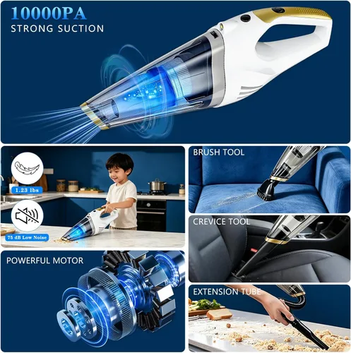 Miniatura 2 de Aspiradora de mano inalámbrica recargable y portátil para coche Strong Suction Hand Vacuum with LED Light, Washable Filters and Attachments for