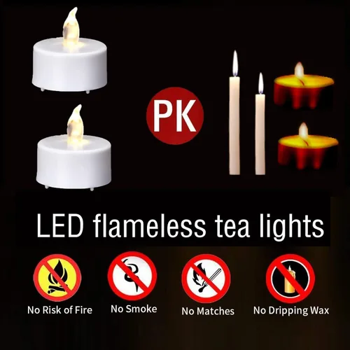 Miniatura 6 de Velas de té sin llama, funcionan con pilas, paquete de 50 velas votivas eléctricas LED parpadeantes de larga duración, 200 horas, realistas y Blanco