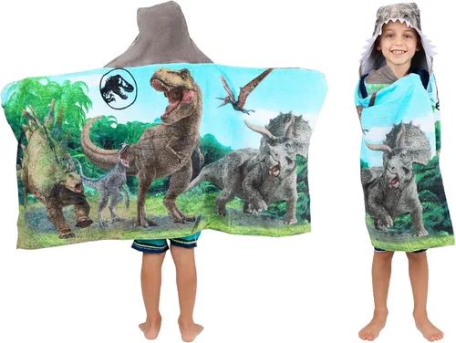 Franco - Toalla de rizo de algodón suave con capucha para niños, para uso en baño y playa, 24 x 50 pulgadas, Jurassic World: Mundo Jurásico