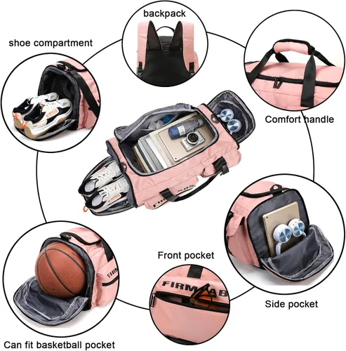Miniatura 6 de Bolsa de gimnasio para hombres y mujeres, bolsa de viaje deportiva, bolsa de lona para gimnasio, Rosado