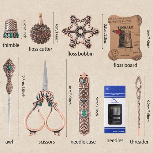 Miniatura 2 de NOTIONSLAND Juego de tijeras de bordado, suministros vintage, estuche de aguja, punzón de costura, dedal, tablero de hilo dental para costura, cobre