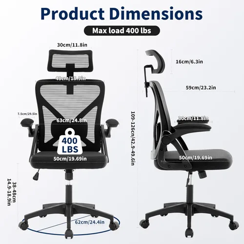 Miniatura 3 de Silla de oficina, silla de escritorio ergonómica con soporte lumbar ajustable, silla de computadora de malla de 400 libras, respaldo alto con Negro