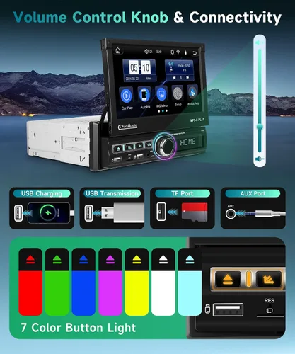 Miniatura 4 de Estéreo de coche de un solo DIN con Carplay inalámbrico Android Auto, pantalla táctil motorizada de 7 pulgadas con Bluetooth Radio de coche
