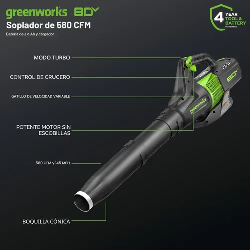 Miniatura 3 de Greenworks Cortacésped eléctrico inalámbrico sin escobillas de 80 V 21 pulgadas (autopropulsado) + soplador de hojas axial (580 CFM)
