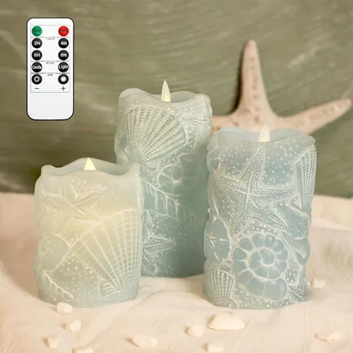 Miniatura 2 de MELTONE Velas LED sin llama azul océano con mecha parpadeante con carcasa de cera real con control remoto, decoración náutica de fiestas de boda