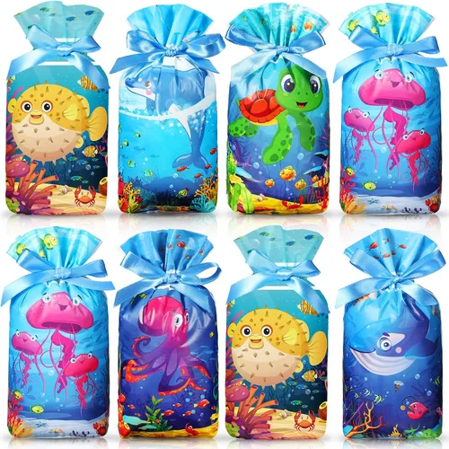 Tiamon 60 bolsas de regalo bajo el mar, decoraciones de cumpleaños subacuáticas, bolsas de plástico a granel con cordón de cinta, coloridos