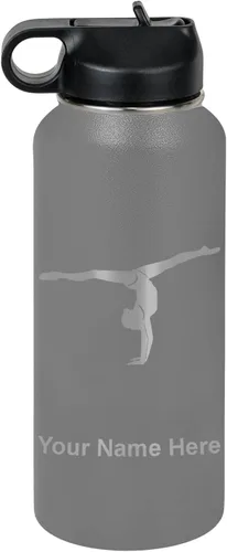 Miniatura 48 de LaserGram Botella de agua personalizada, gimnasta niña, acero inoxidable de doble pared aislada al vacío con popote superior, regalo grabado Azul