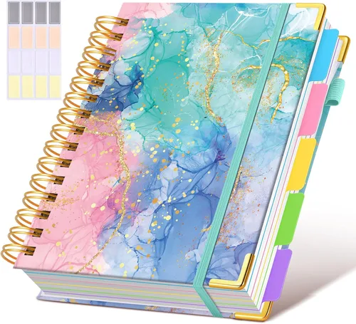 Miniatura 16 de Cuaderno universitario de espiral con tapa dura de cuero de 8 x 10 pulgadas, con pestañas separadoras extraíbles, para 5 materias, a rayas; diario
