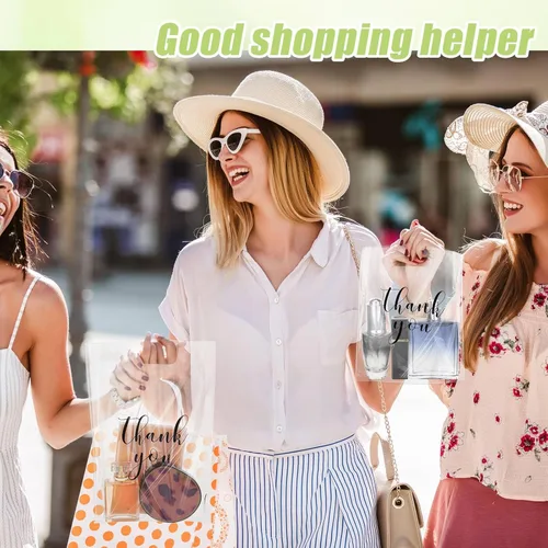 Miniatura 6 de Yeaqee 200 Piezas Bolsas Transparentes de Mercancía de Agradecimiento con Asas Troqueladas Bolsas de Compras de Plástico Reutilizables para Venta al