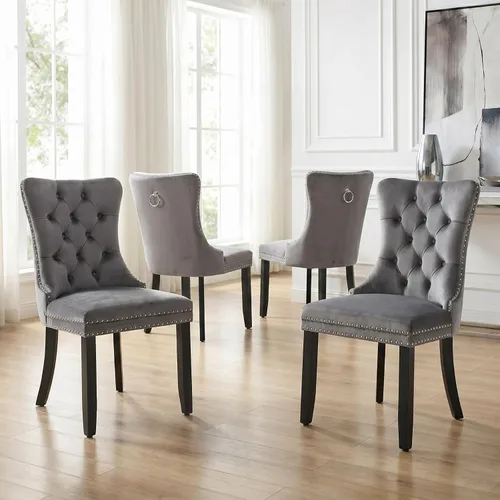 Miniatura 64 de Velvet Dining Chairs Set of 2, Tufted High Chairs with Nailhead Trim, Pull Ring, Black Solid Wood Legs, Elegant Upholstered Accent Chairs for Dining