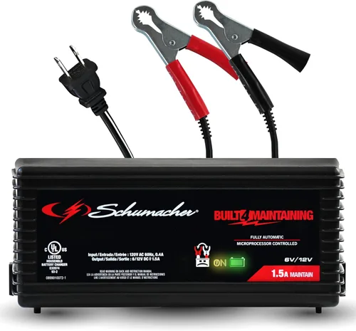 Schumacher Electric 1.5A Cargador y Mantenedor de Batería para Auto, Solución 3-en-1, para Baterías de 6V/12V de Deportes Acuáticos, Automotrices y