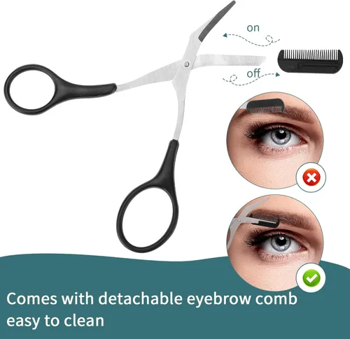 Miniatura 2 de KALIONE Tijeras profesionales para recortar cejas con peine, acero inoxidable, negro, ambidiestro, borde recto, 2 unidades, perfectas para hombres