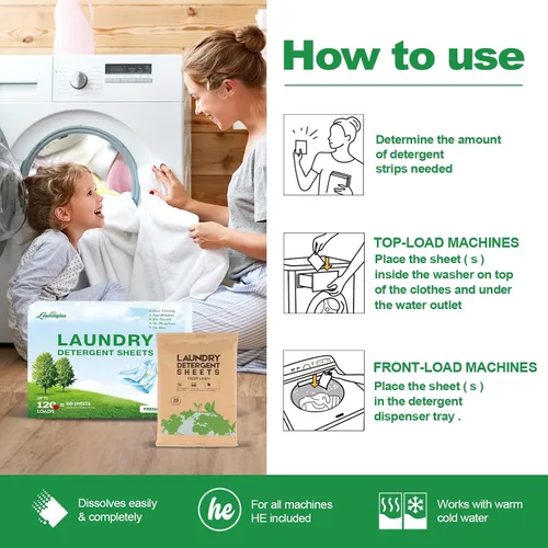 Miniatura 8 de Hoja de detergente para ropa, tiras de lavado ecológicas e hipoalergénicas, ingredientes naturales, ultraconcentrado, listo para viajar, sin jarra