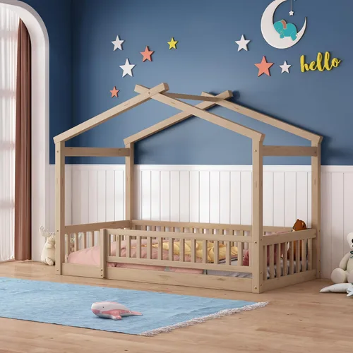 Miniatura 18 de Quarte Cama de madera de tamaño individual con valla y puerta, cama de madera en el suelo para niños y niñas, fácil montaje (gris lavado/valla y D1)