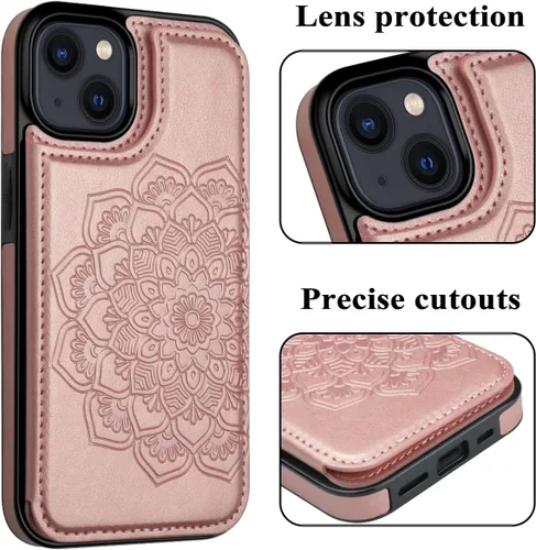 Miniatura 5 de MMHUO Funda para iPhone 14 con tarjetero y parte trasera magnética de flores para iPhone 14, funda protectora para iPhone 14, color oro rosa