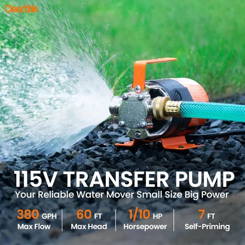 Miniatura 2 de Cleartide - Bomba de transferencia de agua 115V, 1/10HP 380GPH, bomba de agua eléctrica de uso general con kit de manguera de succión de 6 pies