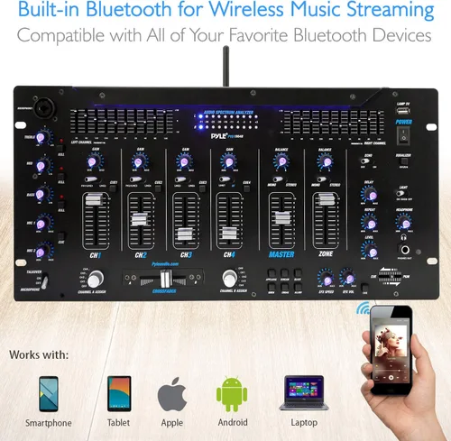 Miniatura 4 de Pyle Mezclador de 6 Canales, Controlador DJ Bluetooth, Mezclador Estéreo, Sistema de Sonido Profesional, Iluminación LED, Mezclador de Audio
