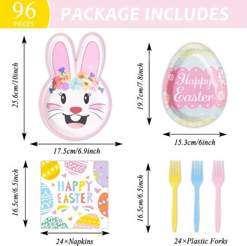 Miniatura 2 de Tevxj Juego de vajilla de Pascua de 96 piezas con forma de huevo de conejo, platos de papel desechables coloridos para cacería de huevos de Pascua