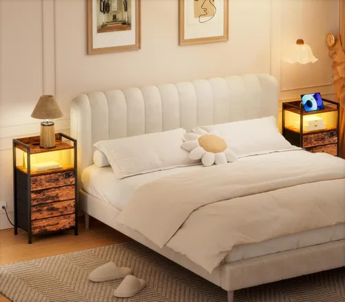 Miniatura 2 de Furnulem Mesita de noche con estación de carga y luz LED, cómoda de 4 cajones para dormitorio, mesita de noche pequeña mesa de cabecera, cubos
