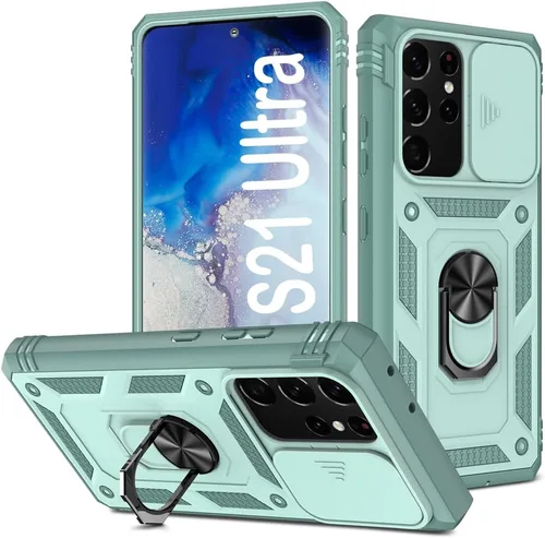 Miniatura 109 de PASNEW Funda para Samsung Galaxy S22 Ultra 5G, cubierta de cámara deslizante y soporte de dedo de metal giratorio de 360°, militar, resistente, a
