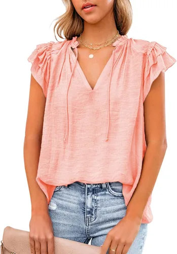 Dokotto - Blusas informales con cuello en V para mujer, diseño de manga corta, con cordón ajustable