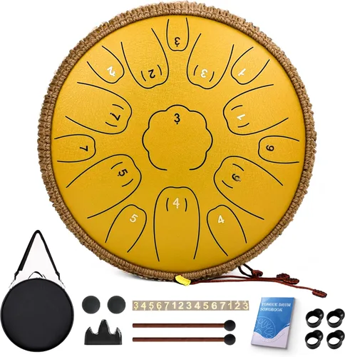 Miniatura 9 de Tambor de Lengua de Acero - 15 Notas Tambor de Acero - Instrumento de Tambor Handpan de 14 Pulgadas con Libro de Música, Mazos para Instrumentos