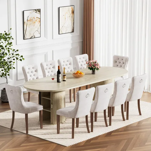 Miniatura 25 de Mesa de comedor redonda extensible de 94 pulgadas con base de almacenamiento, mesa de comedor expandible natural para 10, mesa de comedor de madera