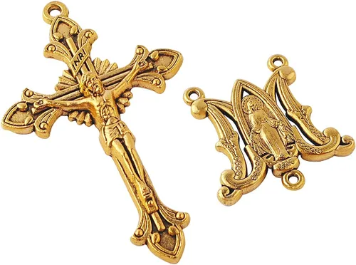 Miniatura 4 de 3 juegos de centro de mesa católico de la Virgen María y crucifijo de perdón para hacer rosario de bricolaje Oro envejecido