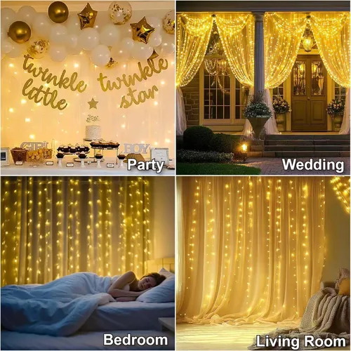 Miniatura 2 de Luz de cortina blanca cálida para dormitorio, 300 LED, 3m x 3m, luz de cadena de hadas para ventana con 16 ganchos, 8 modelos, control remoto