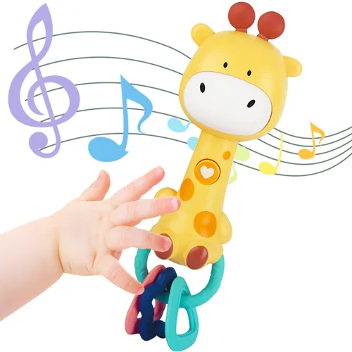 Sonajero musical de jirafa amarilla brillante para bebé, mordedor iluminado y masticable sensorial, goma suave sin BPA, baby shower y regalo de