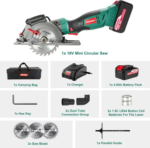 Miniatura 8 de HYCHIKA Sierra circular inalámbrica, sierra circular mini de 18V con batería de 4.0Ah, 3 cuchillas (4-1/2", 4-9/10"), 3500 RPM, profundidad máxima