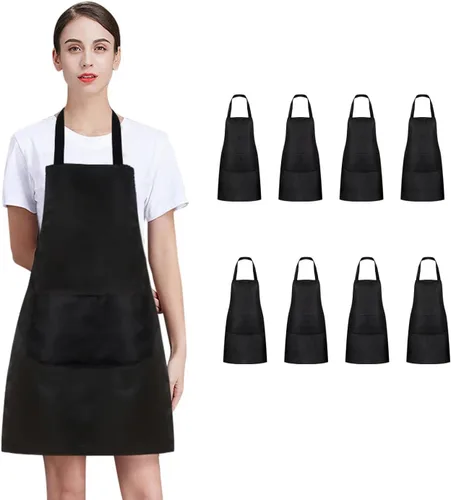 Miniatura 8 de Paquete de 8/12/24 delantales lisos a granel, delantal comercial negro con 2 bolsillos, delantal unisex para adultos, pintura y barbacoa