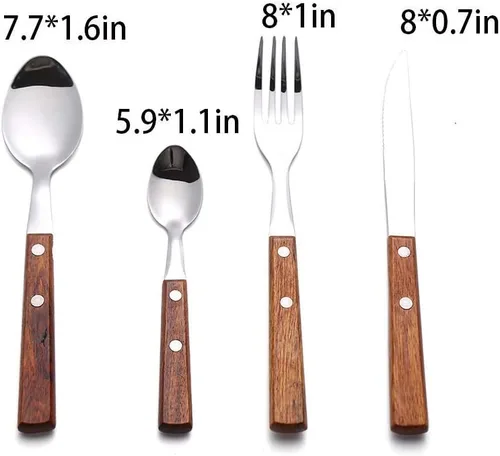 Miniatura 6 de HAPPY KIT Juego de cubiertos de tenedores y cucharas, juego de cubiertos de mango de madera, 8 piezas (2 juegos) de acero inoxidable 18/8, cucharas