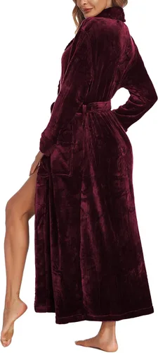 Miniatura 6 de Ekouaer Bata de forro polar para mujer bata larga de baño de felpa con cuello chal ropa de dormir de longitud completa con bolsillos
