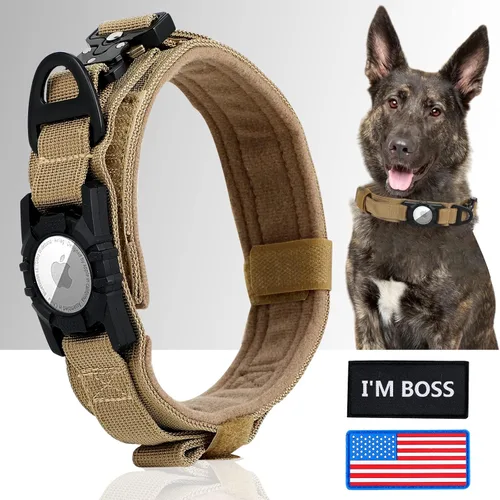 Miniatura 7 de AirTag - Collar táctico para perros grandes y medianos, collar de perro con asa, collar militar resistente con hebilla de metal para perros machos