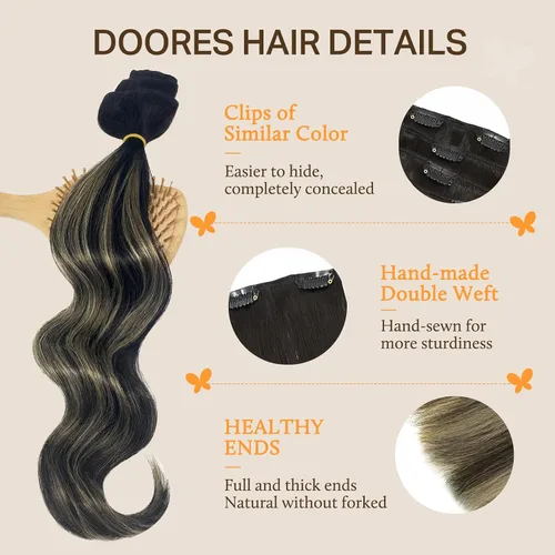 Miniatura 3 de DOORES Extensiones de cabello con pinzas, balayage, negro natural a rubio claro, 22 pulgadas, 4.23 oz, 9 unidades, 4.23 oz, extensiones de cabello