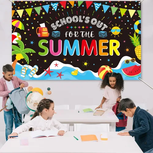 Miniatura 6 de Telón de fondo temático de fin de año escolar para clase de verano, fin de año escolar, pancarta temática para playa tropical, piscina, fiesta