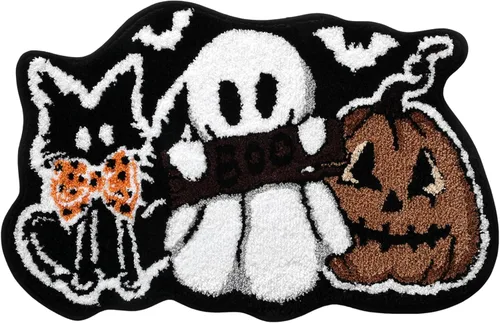 Tapete de baño de gato negro, fantasma, calabaza, 21 x 32 pulgadas, suave y absorbente, tapete de baño de Halloween, antideslizante, lavable,