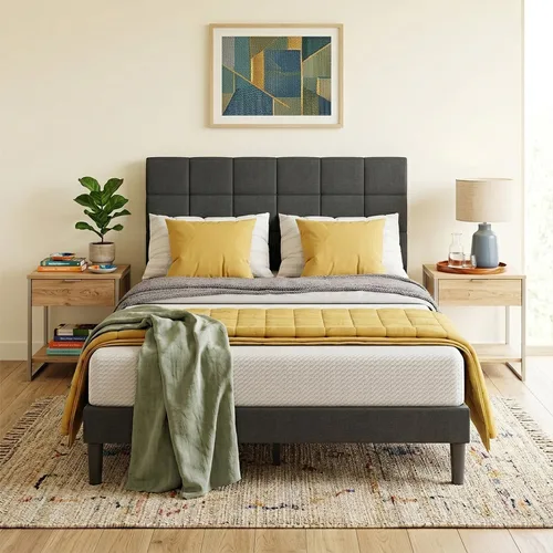 Miniatura 11 de PayLessHere Base de cama tapizada de plataforma completa con cabecera de tela y soporte de listones de madera, totalmente tapizado, no necesita Gris