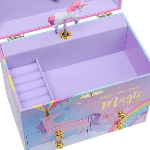 Miniatura 6 de Jewelkeeper Cotton Candy Unicorn - Caja de almacenamiento musical grande para joyas con 4 cajones extraíbles, joyero musical para niña, hermoso tono