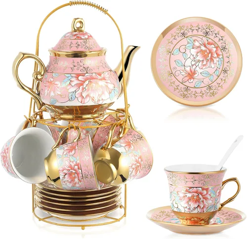 Miniatura 16 de Zhehao Juego de té de porcelana de 20 piezas con soporte de metal y cuchara para adultos, juego de té de cerámica para adultos, pintura de flores