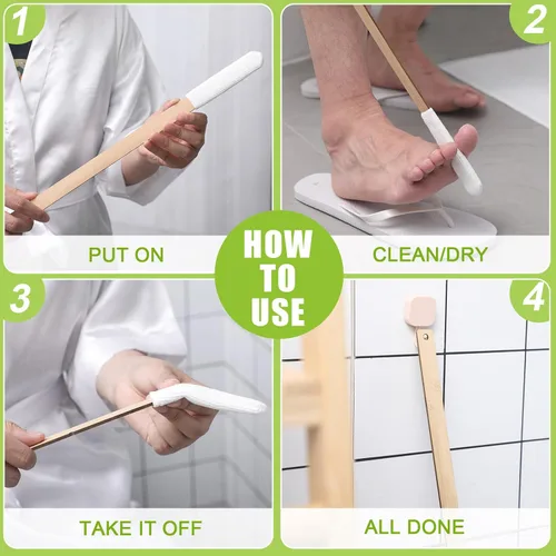 Miniatura 4 de Yaomiao Juego de 2 cepillos de mango largo para dedos de los pies de 15.75 pulgadas, cepillo de toalla de pie de madera con fundas de secado suaves