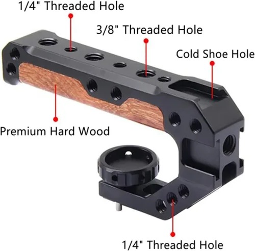 Miniatura 4 de Mango superior de madera para cámara con pasadores de localización de 3/8"-16, mango superior de madera con zapatos fríos compatible con interfaz