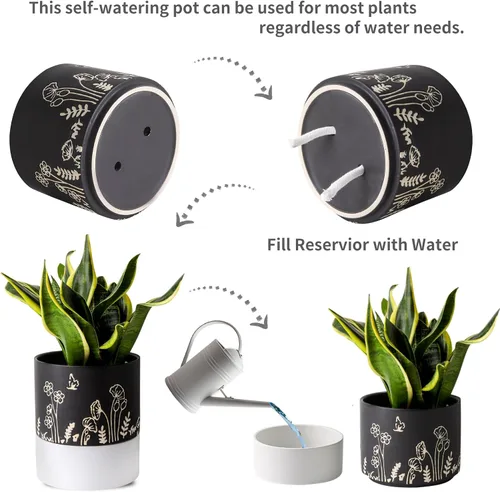 Miniatura 3 de Nihow Maceta de riego automático: maceta de cerámica de 6 pulgadas con orificio de drenaje y almacenamiento de agua para plantas de interior y Negro